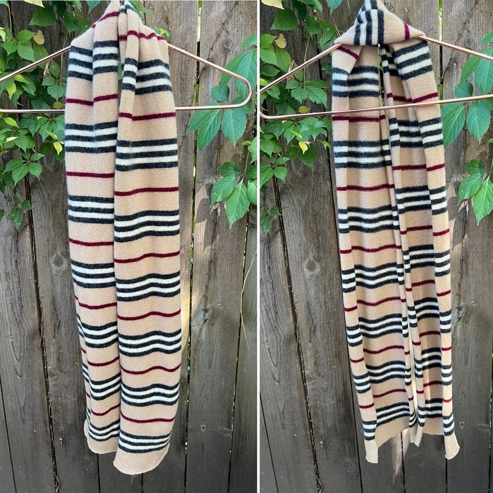 🐑Lambswool Nova Stripe Beige/Black/Maroon Rolled Edges Scarf | Burberry London